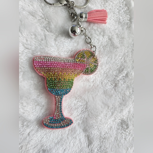 Colorful Rhinestone Cocktail Margarita Keychain with Pink Tassel Bag Charm - Picture 2 of 4